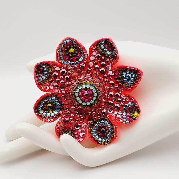 Vintage 1960s Hot Pink Enamel Flower Flat Back Rhinestones Large Brooch - Picture 4 of 8